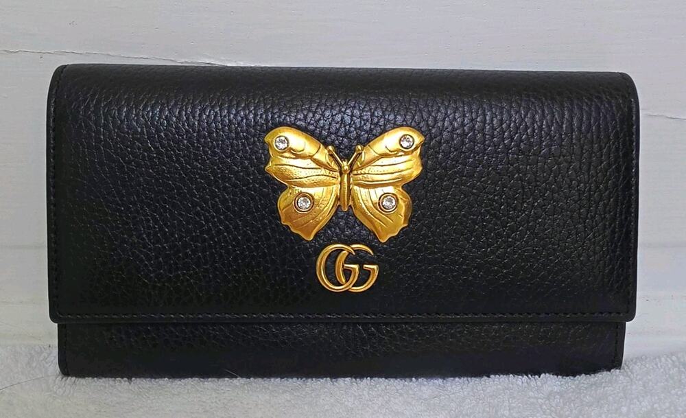 Gucci Women’s Black Continental Wallet, Gold Butterfly GG Logo